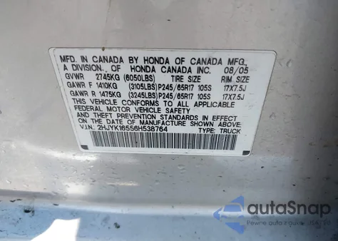 2006 Honda Ridgeline Rtl z USA, uszkodzony, nr VIN 2HJYK16556H538764